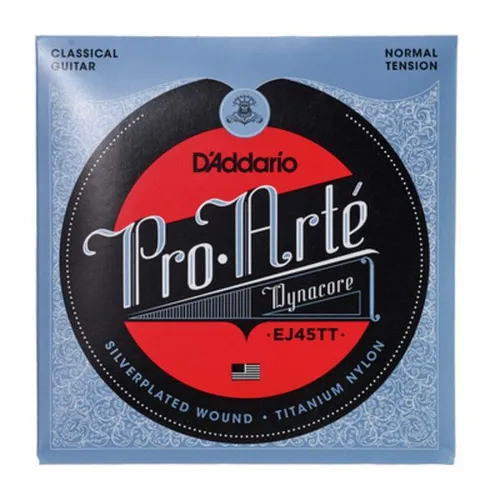 Daddario EJ45TT Konzertgitarrensaiten - Pro Arte Serie, Titanium Diskantsaiten mit Dynacore-Silber umsponnenen Bass-Saiten, ideal für professionelle Klangqualität und Spielkomfort.