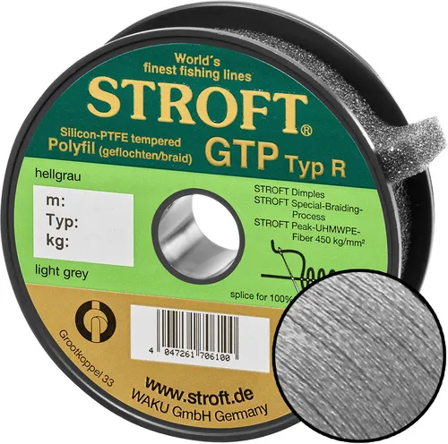 STROFT GTP Typ R Geflochtene Schnur 100m hellgrau R06-0,130mm - Hochwertige geflochtene Schnur für Angler, bietet optimale Rundheit und innere Festigkeit. Die spezielle Flechttechnik sorgt für weniger Luftwiderstand und längere Würfe.