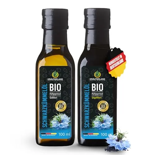 Kräuterland Bio Schwarzkümmelöl Einsteiger-Bundle, 100ml GEFILTERT & 100ml UNGEFILTERT, Kaltgepresst, 100% Bio Nigella Sativa, ohne Zusatz von Aromen, Frabstoffe & Konservierungsstoffe - Mühlenfrisch