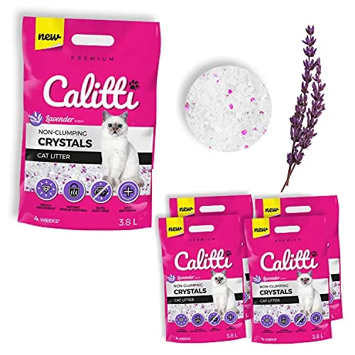 Calitti - Silikat Katzenstreu | Premium Crystals Silikatstreu | Antibakteriell Katzensand mit frischem Lavendelduft | 4-er Set 4 x 3,8 L = 15 L