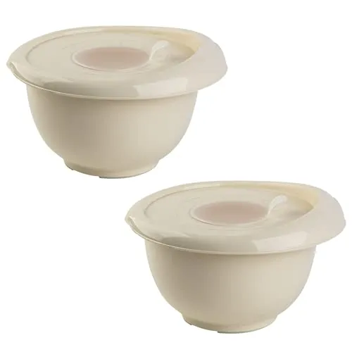Gariella 2x beige Back-/Rührschüssel mit zweigeteiltem Deckel Quirltopf Salatschüssel rutschfest Silikonfüße Einhandgriff Ausgießer Kunststoff