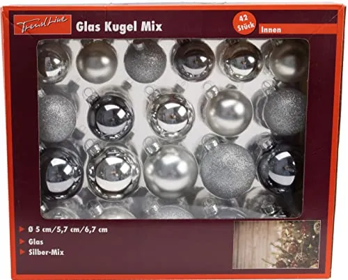 TrendLine Glaskugeln Silber Mix - 42 Stück Weihnachtskugeln - Hochwertige Weihnachtsbaumkugeln aus Glas in Silber, 42 Stück in verschiedenen Größen, verleihen Ihrem Baum eleganten Glanz und sind langlebig für viele Feiertage.