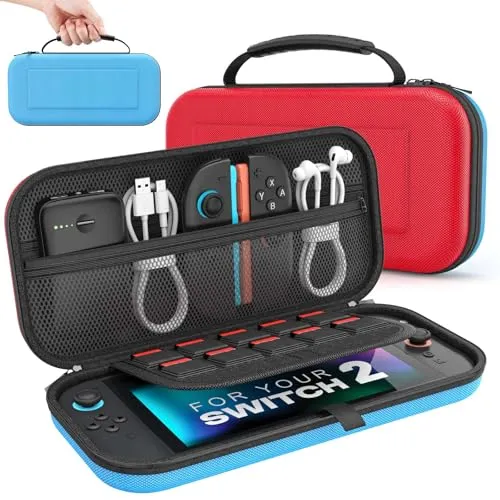 MoKo Tasche für Nintendo Switch 2 (2025), Switch 2 Case mit großer Kapazität, Schützende Harte Tragetasche Hülle mit Speicherplatz für 10 Spiele und Konsole Zubehör, Rot/Blau