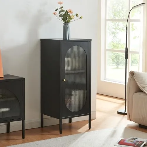 Beistellschrank Karlskrona - Eleganter Mehrzweckschrank in Schwarz - Kommoden & Sideboards: Vielseitiger Büroschrank mit höhenverstellbarer Ablage und stilvoller Glastür für flexiblen Stauraum in jedem Raum.