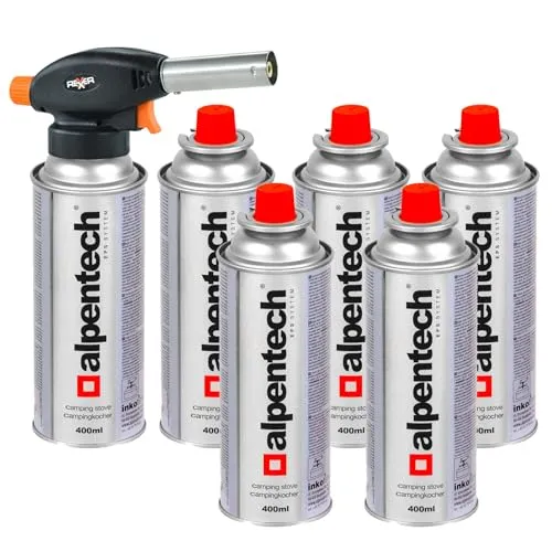 REXXER Gasbrenner Set 1300 W – mit 6 Alpentech Butangaskartuschen 220 g / 400 ml, Piezozündung, Flammenregulierung, bis 1300 °C – Lötbrenner, Flambierbrenner