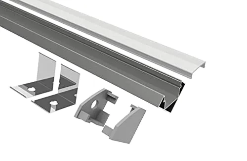 Tivendis Led Alu Profil 2 m E45 Komplett Set für Strip/Streifen bis 12 mm breit | Abdeckung satiniert milchig, Endkappen, Befestigungclips | L-Form Winkel Ecke Winkelprofil Eckprofil eloxiert