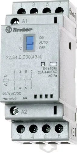 Finder 22.34.0.230.4340 Schütz 4 Schließer 230 V/DC, 230 V/AC 25A - Modulare Schütze für vielseitige Anwendungen, 25 A mit 4 Kontakten, ideal für ohmsche und induktive Lasten, zuverlässige Schraubanschlüsse.