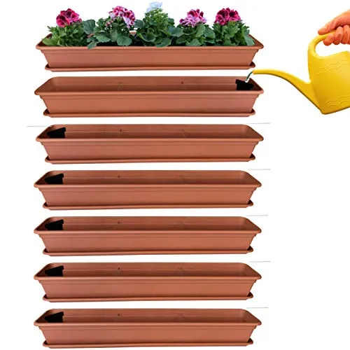 Hossi's Wholesale 6er Blumenkasten Set Balkonkasten Pflanzkasten Terracotta mit Bewässerungssystem und Balkonkasten Untersetzer 100cm
