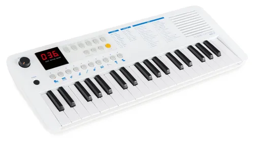 Classic Cantabile MINI-37 Keyboard weiß-blau - Mini-Keyboard mit 37 Tasten, USB-C Stromversorgung, 100 Sounds und Rhythmen, ideal für Anfänger und mobile Musiker.