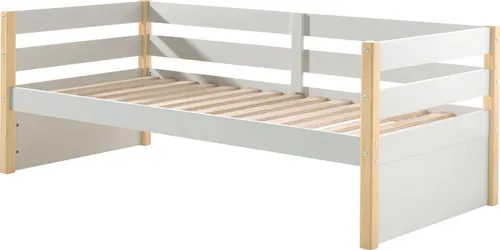 Kojen Bett Margrit mit Umrandung und Rolllattenrost - Kinderbett mit höherer Liegefläche, ideal für Kinder- oder Gästezimmer. Hergestellt aus hochwertigem MDF und lackiert in Weiß, bietet es Sicherheit und Stil.