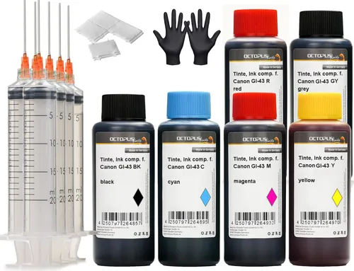 OCTOPUS Fluids Druckertinten Set für Canon GI-43 MegaTank - Komplettset für Canon GI-43 Drucker mit 4x 250 ml Premiumtinten und Refillspritzen. Ideal für beste Druckergebnisse und einfache Nachfüllung.