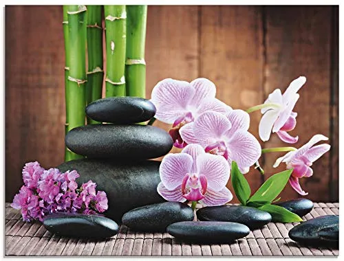 ARTland Wanddeko Glasbilder Wandbild Glas Bild einteilig 80x60 cm Querformat Natur Asien Wellness Zen Steine Blumen Blüten Orchideen Bambus Pink T5OO