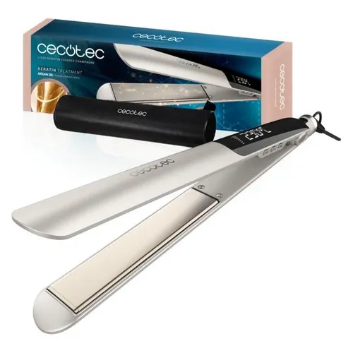 Cecotec Glätteisen mit Kabel Lisse Keratin Essence Champagne, HeatMax-Funktion, 130-230 °C, Keramikbeschichtung mit Keratin und Arganöl, automatische Abschaltung, Reisetasche