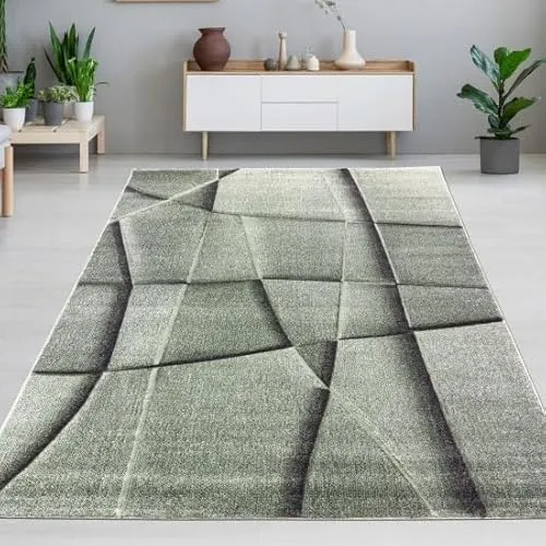 CARPETIA Teppich 140 x 200 cm - Modernes geometrisches Design in Grün - Teppich für Wohnzimmer und Schlafzimmer, mit weichem Kurzflor und handgearbeitetem Konturenschnitt – pflegeleicht, robust und perfekt für aktive Haushalte.