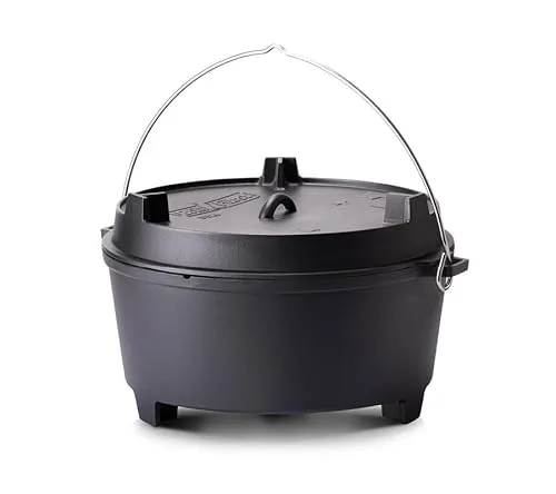 Grillfürst Dutch Oven 28L - Hitzebeständiger Gusseisentopf - Dutch Oven mit stabilen T-Füßen für perfekten Stand. Ideal für Gulasch, Eintöpfe und Brot. Ready to use durch sprühemaillierte Oberfläche, keine Einbrennung nötig.