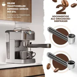 ProfiCook Espressomaschine PC ES 1267 - Siebträgermaschine mit 20 bar Profi-Espressopumpe, ideal für Kaffeepulver und Nespresso-Kapseln. Genießen Sie Barista-Qualität zu Hause mit umfangreichem Zubehör für perfekte Kaffeespezialitäten.