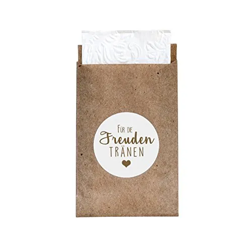 Geschenktüten + 24 Sticker 'Freudentränen' (kraft/weiß) - Süße Minipapiertüten und Sticker im Vintage-Stil für die Hochzeit - Flachbeutel für Taschentücher 24