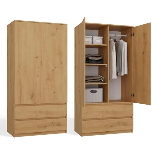 CDF Kleiderschrank 90 cm Breit Kinderkleiderschrank Zweitüriger Kleiderschrank 2 Schubladen 4 Regalen Einer Kleiderstange Schlafzimmer Laminierte Platte 16mm Mehrzweckschrank Eiche Artisan