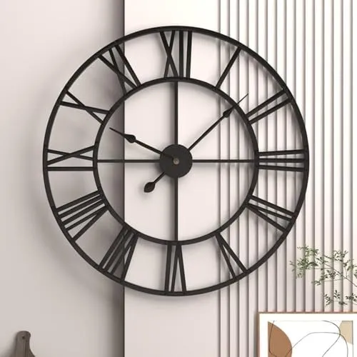 GUDEMAY Wanduhr Groß XXL 50 cm Durchmesser Wanduhr ohne Tickgeräusche lautlos Retro römische Ziffern Vintage Landhausstil Metall Uhr Wand für Wohnzimmer Küche Schlafzimmer Büro - Schwarz