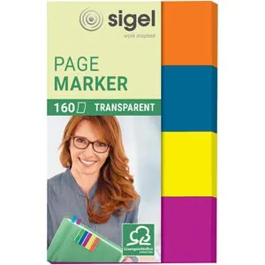 Sigel Haftmarker Page Marker, HN614, transparent, Folie, beschriftbar, 4 x 40 Streifen, farbsortiert