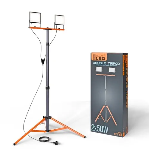 SmartLED Baustrahler Arbeitsstrahler mit Stativ 2x50W, LED Strahler 2x5500 Lumen, 1,60 m Einstellbar Teleskopisch, 360° Grad Drehung, 180 cm Kabel, IP65, kompakt und leicht (2x 50W 11000lm)