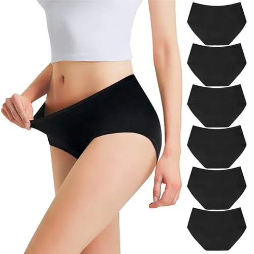 Falechay Unterhosen Damen Streth Unterwäsche Slips Baumwolle Pantys Hipster Mittel Taille Höschen Frauen 6er Pack Schwarz S