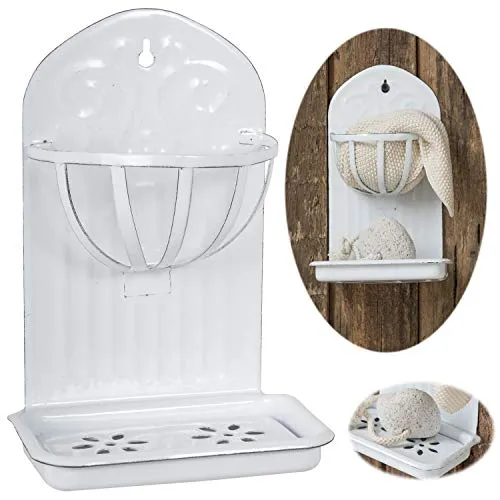 LS-LebenStil Seifenschale Emaille Weiß 21cm Altum Vintage Seifenhalter zur Wandbefestigung Seifenablage Seifenhalterung für Bad oder Küche Shabby Chic