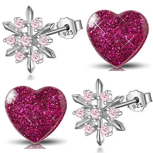 2x Mädchen Kinder Ohrringe aus echt 925 Sterling-Silber mit Zirkonia pink kleine Schneeflocke Stern Edelstahl Herz (K962+K285 rosa Glitzer Kristall)