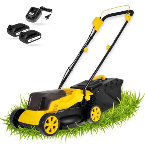 MISTER TOOL Akku-Rasenmäher 20V mit 2 Akkus & Ladegerät - Sichelmäher mit 320mm Schnittbreite, höhenverstellbar (25-65mm) und 30L Grasfangkorb für effizientes, kabelloses Mähen – inkl. Schnellladegerät für maximale Flexibilität!