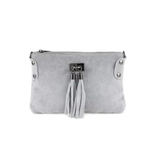 Italienische Damen Leder Clutch Tasche Wildleder Henkeltasche - Elegante Schultertasche aus 100% italienischem Wildleder mit abnehmbaren Fransen und verstellbarem Schultergurt. Ideal für stilvolle Auftritte und vielseitige Anlässe.