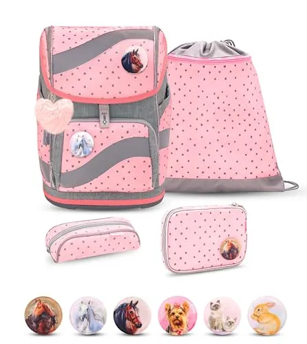 Rucksack Smarty ergonomisches Schulranzen Set 5-teilig Pink Dots - Schulranzen-Set mit Brust- und Hüftgurt, inklusive Federmäppchen, Turnbeutel und 6 Patchies – ideal für einen sicheren und stylischen Schulalltag!