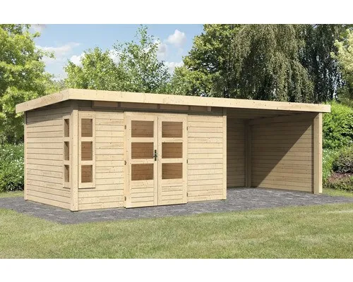 Karibu Gartenhaus Kastorf 7 mit Anbaudach – 3,2 m Breite, naturbelassen - Vielseitiges Gartenhaus Kastorf 7 mit exklusiver Fensterecke und 6 Lichtausschnitten. Robustes Pultdach aus Massivholz sorgt für Langlebigkeit. Inkl. Doppelflügeltür und Zylinderschloss für optimale Sicherheit.
