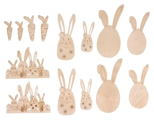 Rayher Osterhasen & Freunde, aus Furnierholz, natur, 3,9 - 8,8 cm, Stärke 1 mm, Btl. 14 Stück, Holz-Deko-Hasen, Streuteile Holz, für österliche Dekorationen, Osterdekoration, 46783505