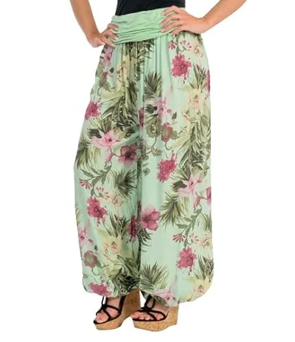 Malito - Damen Haremshose floraler Blumen Print - atmungsaktive Pumphose - dünne Freizeit Strandhose - hautfreundliche Aladinhose 8939 (Mint)
