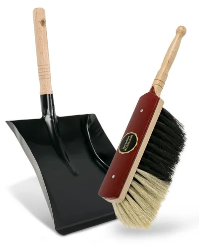 Premium Kehrgarnitur Rosshaar, Handfeger und Schaufel, Metall Kehrset Stube