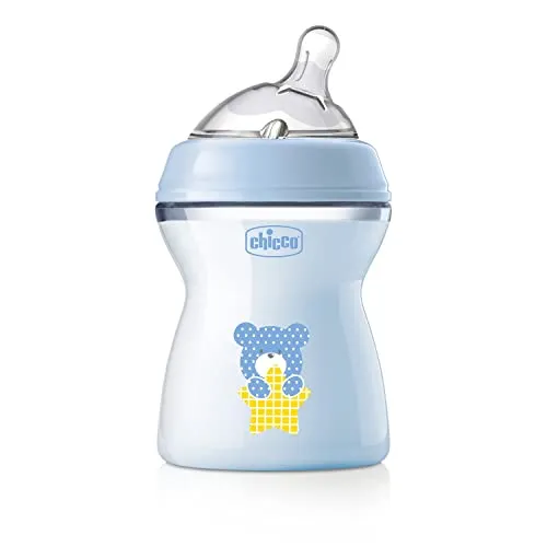 Chicco Natural Feeling Anti-Kolik Babyflasche für 2+ Monate, 250 ml, mit Weichem Silikonsauger und Doppelventil, Natürliches und Instinktives Gefühl beim Saugen, Kunststoffflasche