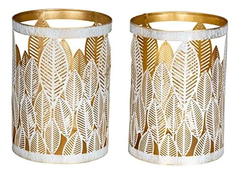 levandeo 2er Set Windlicht 13x18cm in Weiß und Gold - Elegante Windlichter aus Metall mit filigranem Blumendekor. Ideal zur stilvollen Tischdekoration, sorgen sie für eine gemütliche Atmosphäre. Größe: je 13 x 18 cm, ohne Teelichter.