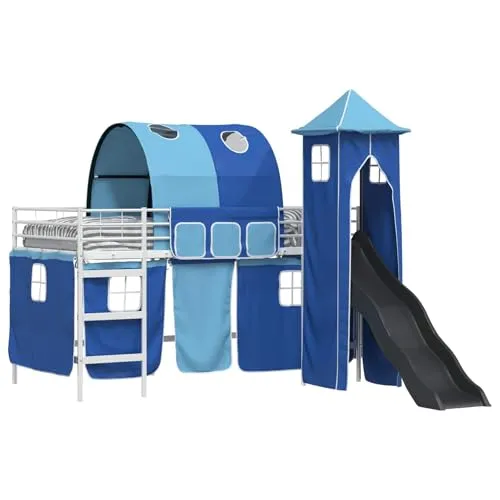 vidaXL Kinderloftbett Weiß und Blau 80 x 200 cm Metall, Hochbett für Kinder, rechteckig, modernes multifunktionales Bett, Schlaf- und Spielplattform für Kinder, Etagenbettrahmen