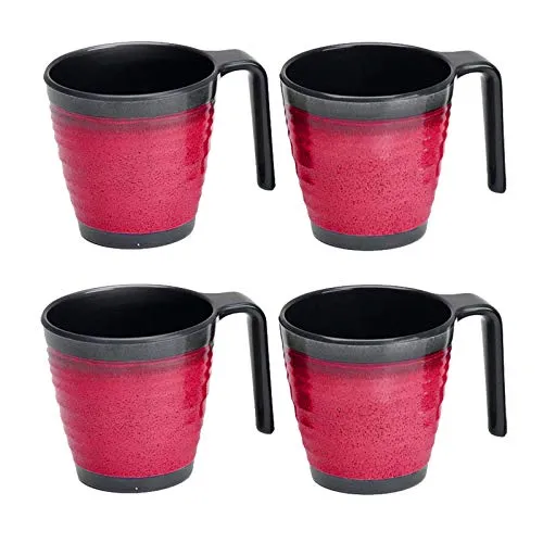 Melamin Camping 4 Tassen 300 ml - Schwarz-Rot - Stapelbar - Trinkbecher Kaffeetasse Kaffeebecher