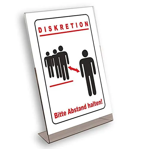 Bitte Abstand halten! Acryl Schild, Werbeaufsteller DIN A4 L-Ständer/Werbeaufsteller im Hochformat