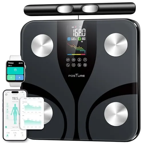 Posture Körperfettwaage, Intelligente Personenwaage Digitale 8 Elektroden für Körperfettanteil, Farbiges und Interaktives LCD-Display BMI und 28 Körpermesswerte, Großer Plattform