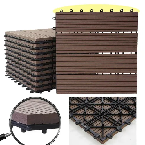 MCW WPC Bodenfliese Sarthe Holzoptik 30x30cm - 1qm Coffee Linear - Hochwertige WPC-Fliesen für Balkon und Terrasse, extrem belastbar und witterungsbeständig. Mit praktischem Stecksystem für einfache Verlegung und individuelle Gestaltung. Ideal für Innen- und Außenbereiche.