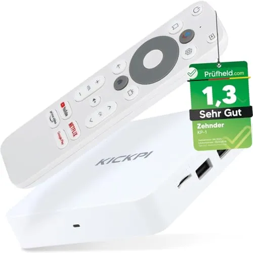 Zehnder KP-1 KICKPI IPTV Box 4K UHD - Media-Streaming-Client mit Android 11, 4K UHD-Auflösung und Dolby Audio für ein Heimkinoerlebnis. Direkter Zugriff auf Netflix, Prime Video und YouTube.