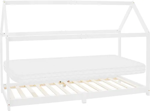 ML DESIGN Kinderbett Hausbett 90x200 cm mit Matratze - Modernes Kinderbett aus Kiefernholz in Weiß, inklusive allergikergeeigneter Kaltschaummatratze für optimalen Schlafkomfort.