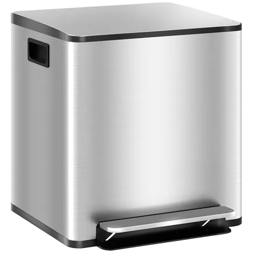 HOMCOM Küchenabfalleimer 2 x 15L Treteimer 2 Fächer, Edelstahl mit weich schließendem Deckel, abnehmbare Eimer, 41,8L x 36,7l x 44H cm silberfarben
