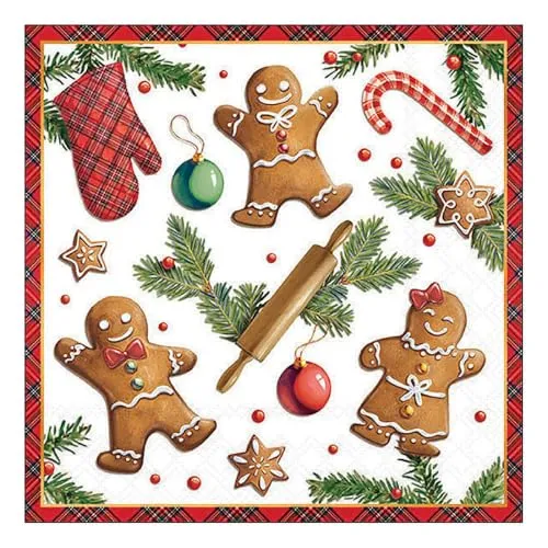 Servietten Weihnachten Lebkuchenfiguren und Zweige als Tischdeko. Papierservietten mit Motiv. Auch für Decoupage und Serviettentechnik 33x33cm 20