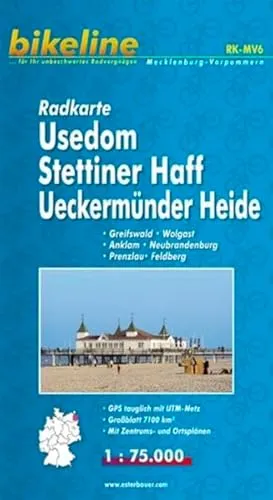 Produktbild bikeline Radkarte: Usedom, Stettiner Haff, Ueckermarker Heide. GPS-tauglich mit UTM-Netz. Mit Zentrums- und Ortsplänen