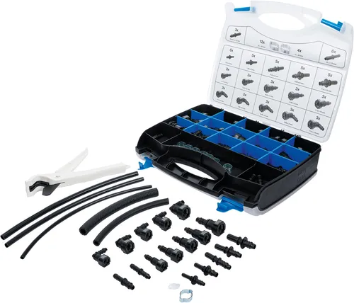 BGS Kunststoffrohr- & Kupplungs-Sortiment 95tlg. - 6776 - Autoteile, umfangreiches Set für professionelle Reparaturen an Kunststoffleitungen und Kupplungen, inklusive Trennzange und verschiedenen Kupplungen für zahlreiche Fahrzeugmodelle.