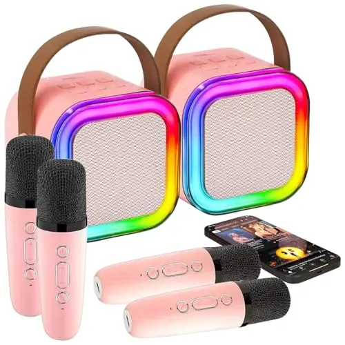 auvisio Karaoke Maschine Kinder: 2er-Set Karaoke-Maschinen, 4 Mikrofonen,RGB-LEDs,Bluetooth,USB,microSD (Kabellose Lautsprecher, Lautsprecher Set, Gerät)