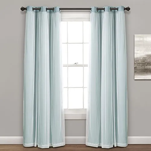 Lush Decor Durchsichtige Ösenvorhänge mit isoliertem Verdunkelungsfutter, Fenstervorhänge, Paar, 96,5 cm B x 213,3 cm L, Blau – Vorhang mit transparenter Überlage, Elegante Verdunkelungsvorhänge für
